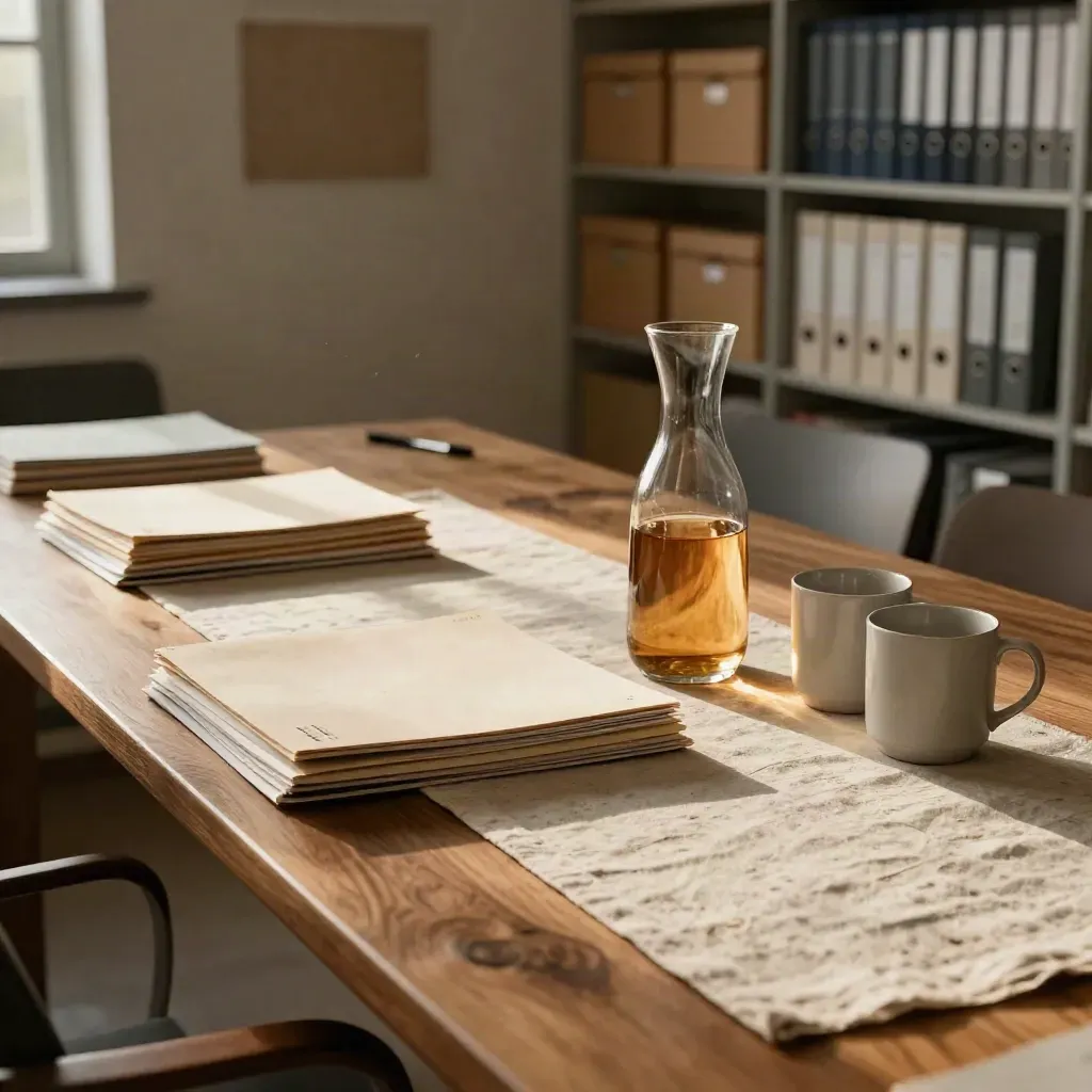 Quiet strategy workshop table with folders, carafe, mugs, and linen in late afternoon light.