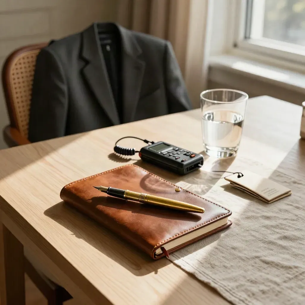 Leather notebook, brass pen, recorder, blazer, and water glass in a sunlit hotel room.