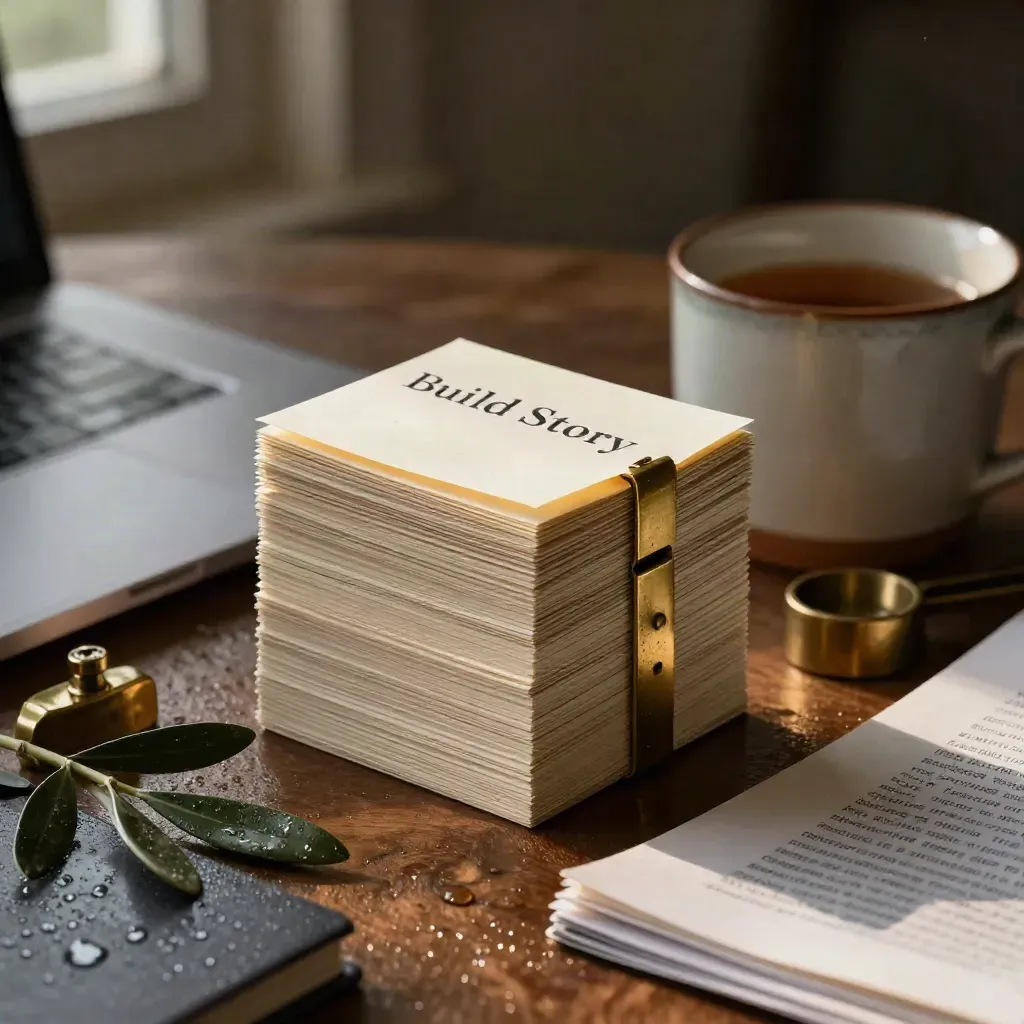 Cream message cards clipped in brass beside a laptop, mug, olive twig, and briefing sheets in dawn light.