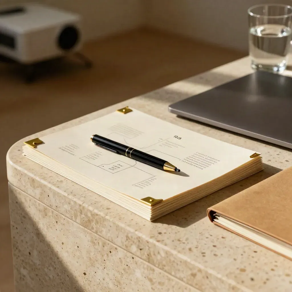 Sideboard with pitch deck materials, closed laptop, clicker, folder and water in soft morning light.