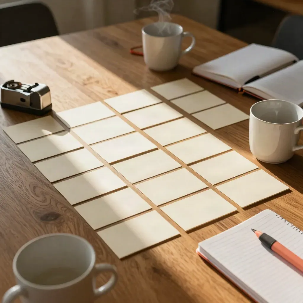 Overhead founder story workshop table with cards, mugs, tape dispenser and linen notebook in sun