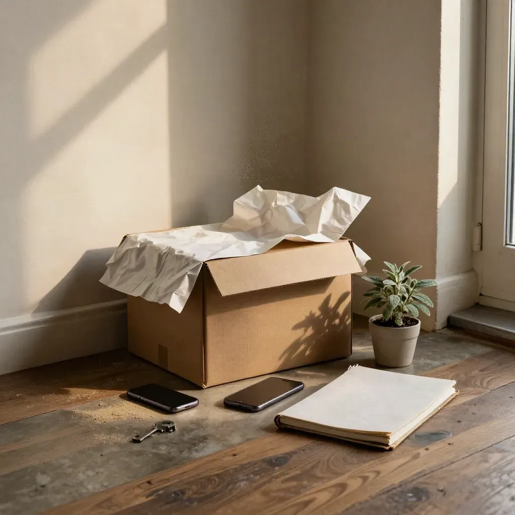 Floor-level studio still life with a prototype box, paper rustling in a draft, phone, notebook, and plant.