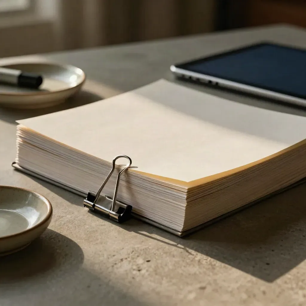 Face-down proof pages, steel clip, ceramic dish, marker cap and turned-away tablet on stone.