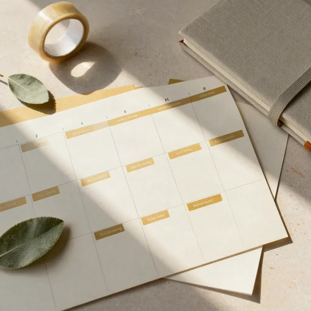 Flat lay of blank cards, tabs, tape, leaf, and notebook under dramatic light