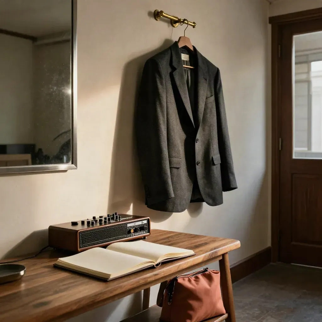 Hallway studio still life with blazer, open notebook, recorder, and mirror edge in late afternoon light