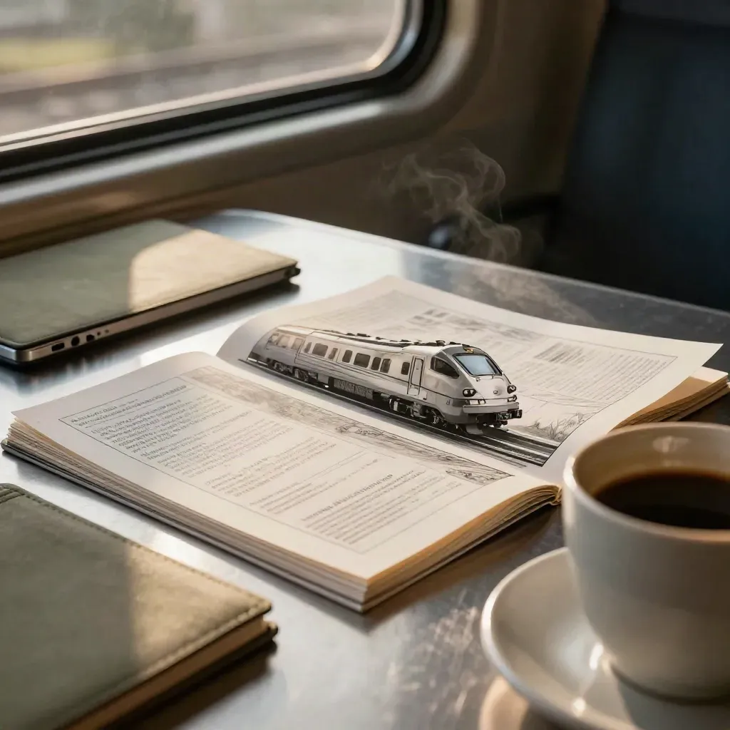 Train table with pitch-deck sheets, closed laptop, folder, coffee cup, sliding reflections.