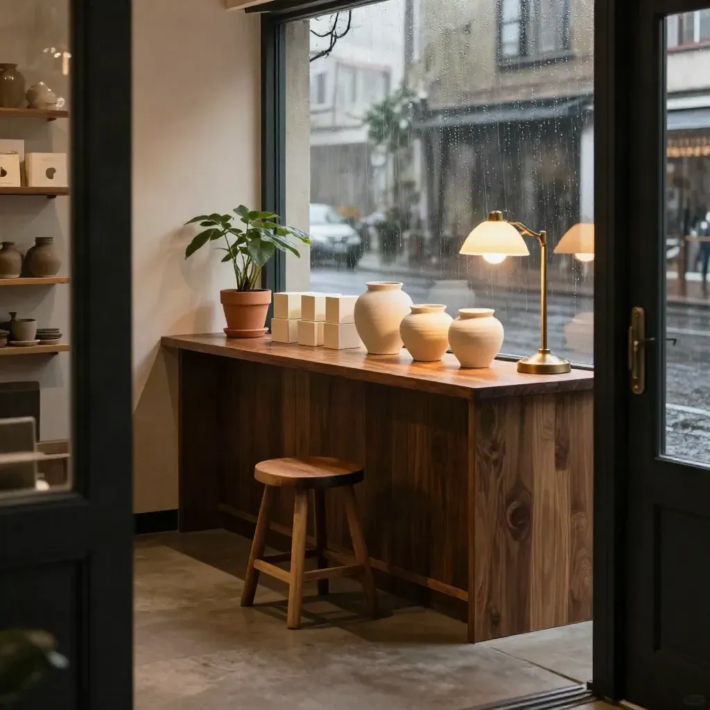 After-hours shop scene with jars, boxes, plant, stool, lamp, and rain on the window.