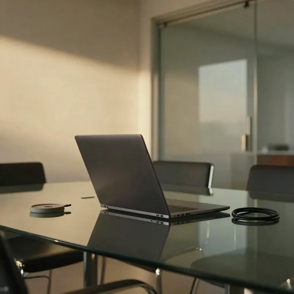Moody glass meeting room with angled laptop, clicker, coaster and coiled cable under a light rake.