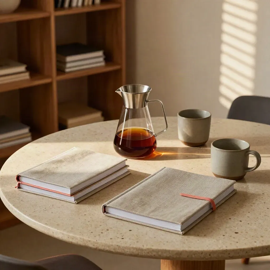 Travertine table with notebooks, carafe, mugs and linen file in warm studio light