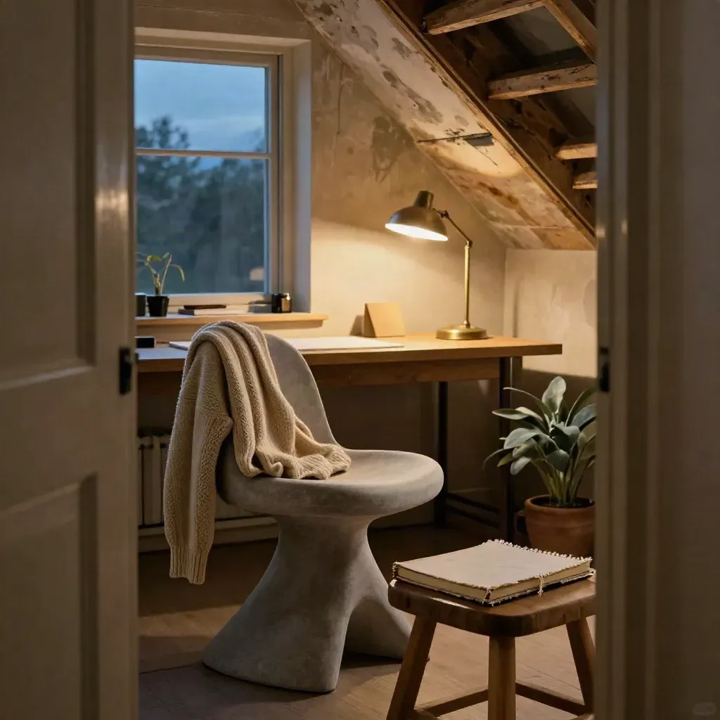 Attic workroom with chair, folded sweater, lamp glow, notebook and plant at blue hour.