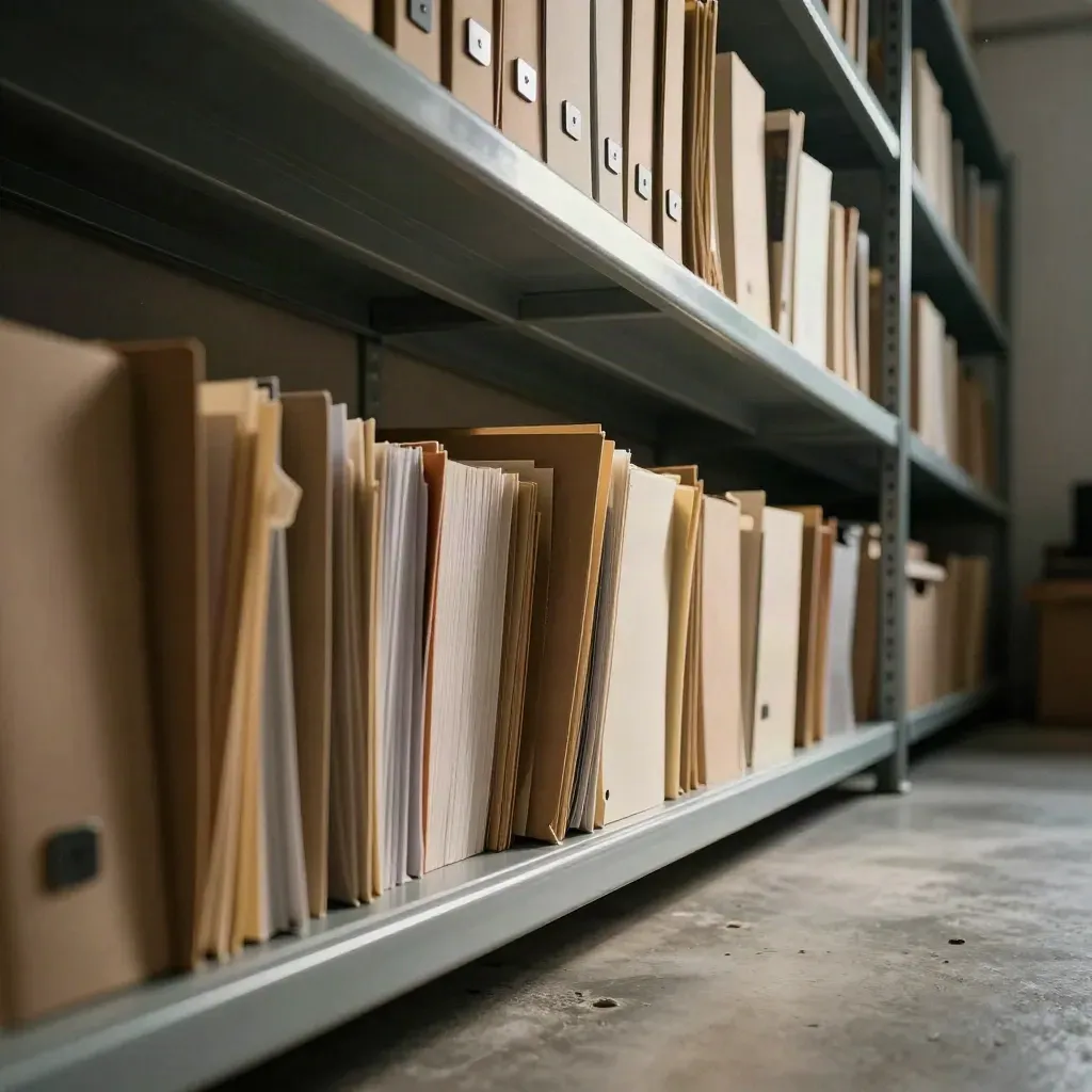 Basement archive wall of folders and dividers settling into a completed case-study library.
