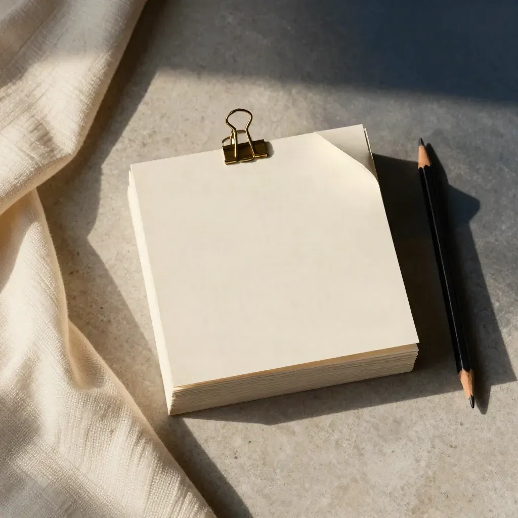 Cream headline cards clipped with brass, charcoal pencil and ivory cloth on pale stone, overhead