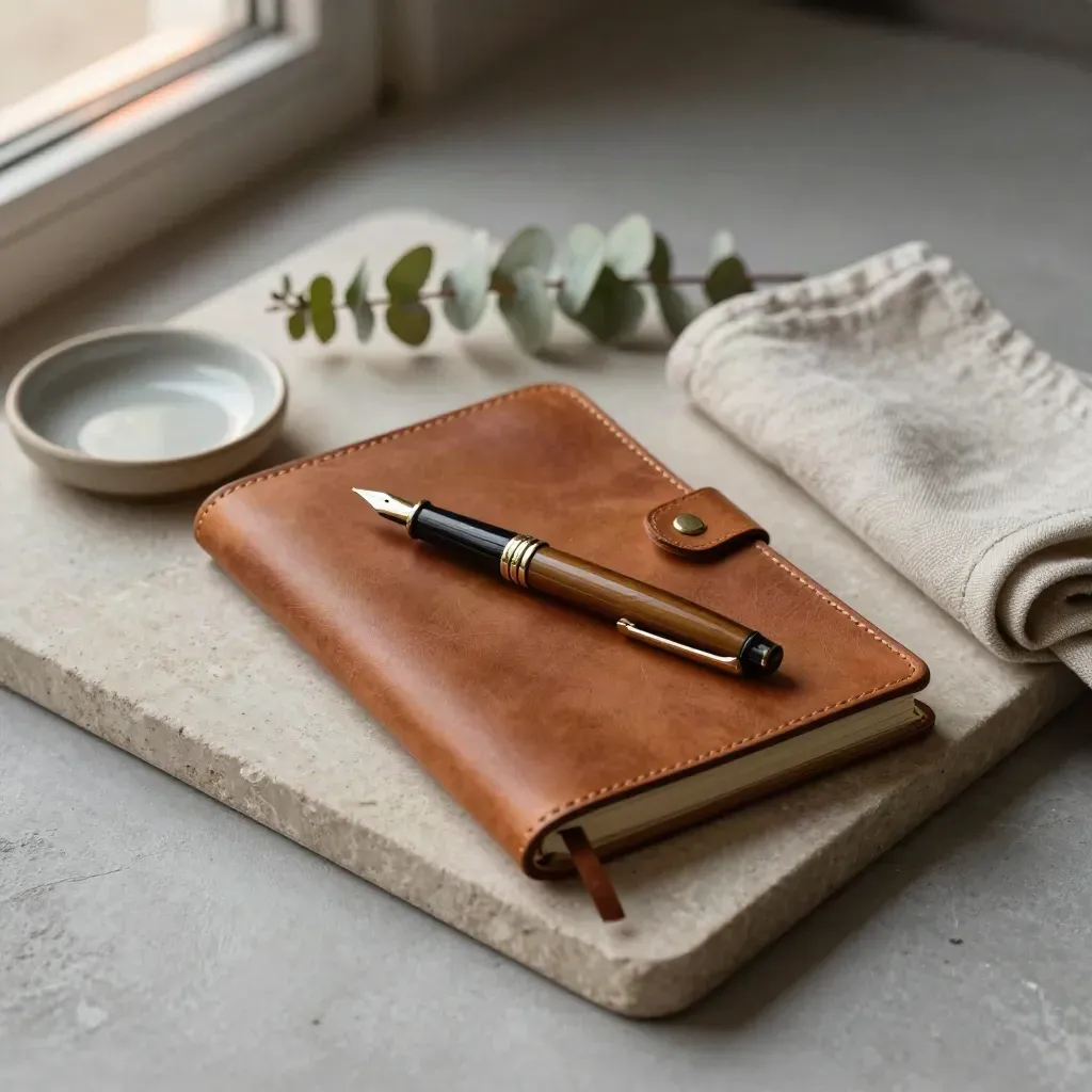 Founder bios props on a stone tray: notebook, pen, dish, eucalyptus.
