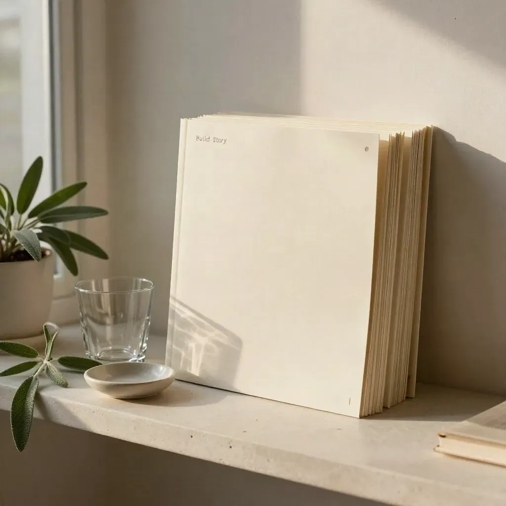 Case-study folders with glass tumbler, ceramic dish and trailing plant on a warm ivory shelf.
