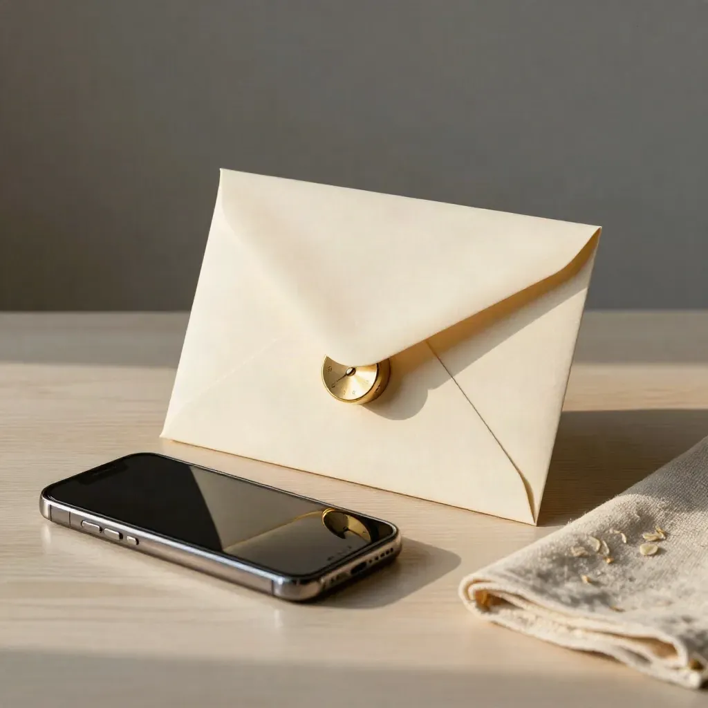 Launch envelope, timer, phone and linen napkin on a pale wood desk in warm side light.