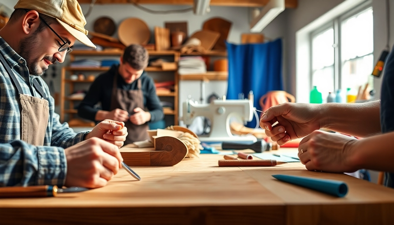 Artisans participating in craft training programs, showcasing skills in a vibrant workshop.