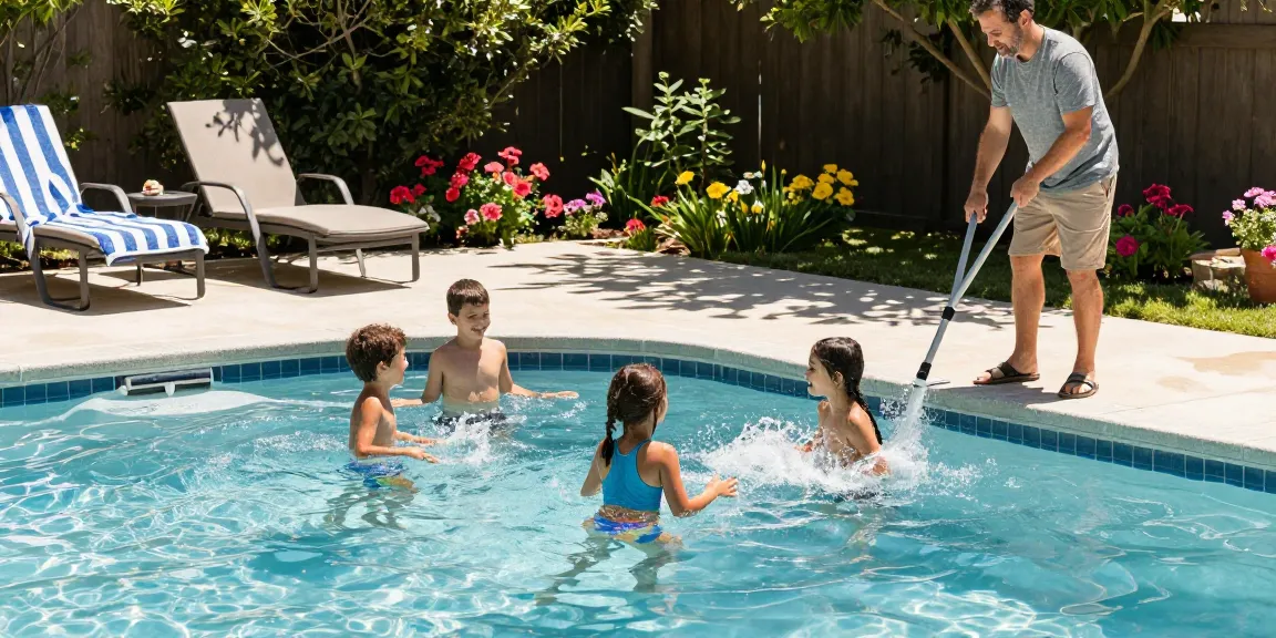 Dolphin Pool Services team maintaining a clean, inviting pool while families enjoy their backyard oasis.