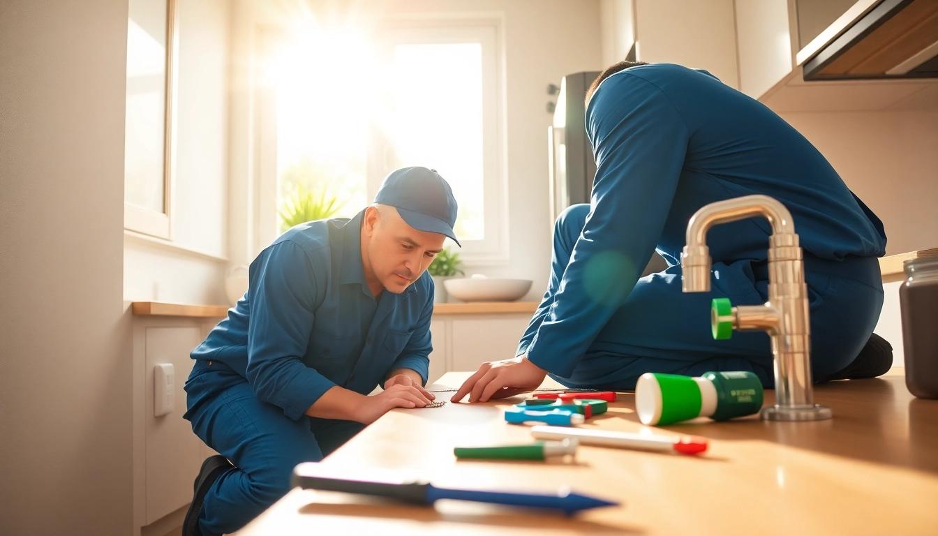 Plumber near me fixing a kitchen sink in a bright, modern kitchen.