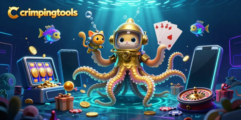 Engage with crimpingtools in a whimsical casino underwater scene featuring a kraken and diving cat.