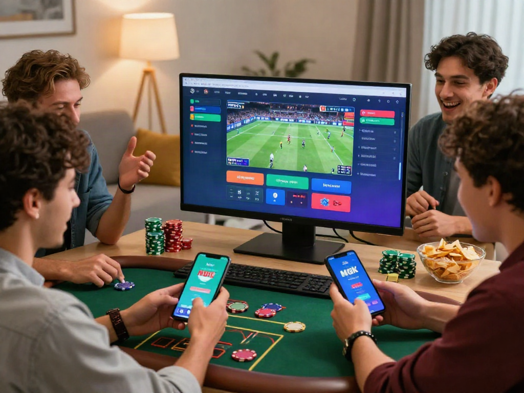 Friends enjoying online betting with Link M88 app in a cozy setting.