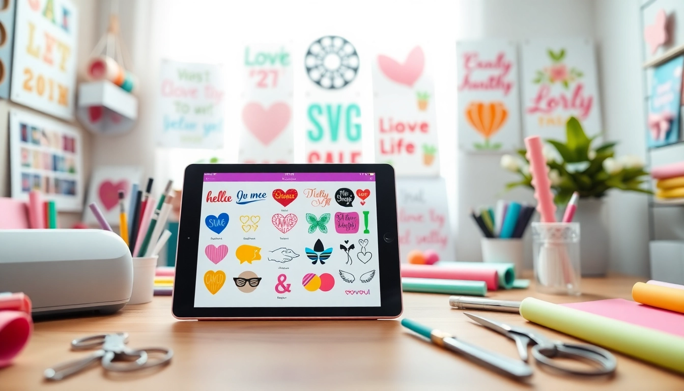 Crafters' workspace featuring diverse Cricut SVG designs and colorful crafting materials.
