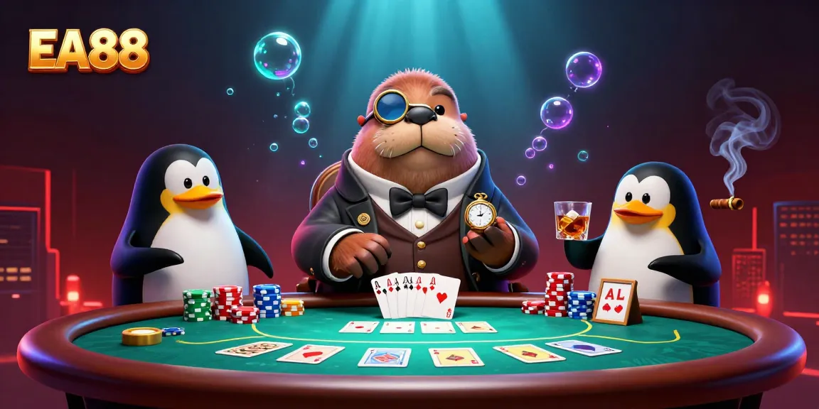 Experience EA88's vibrant underwater poker scene with a jolly walrus dealer and engaging characters.