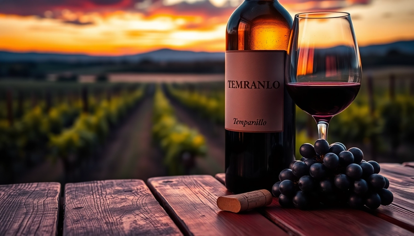 Tempranillo wine bottle showcased with grapes and wine glass against a vineyard background.