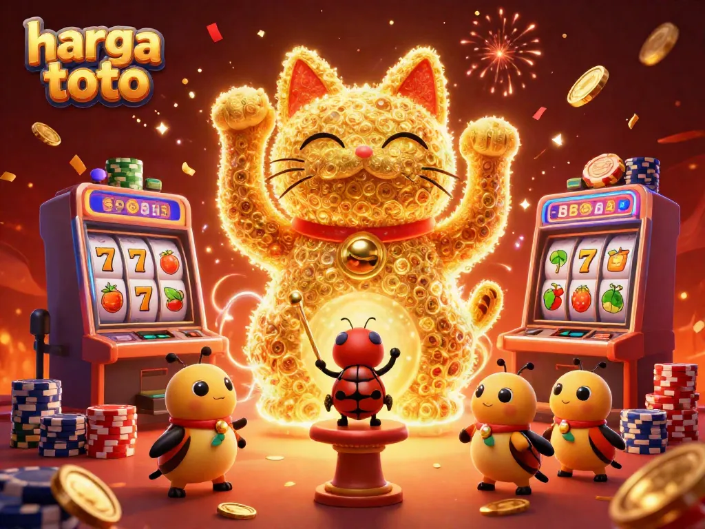 Experience big wins with harga toto in this vibrant, lively casino scene featuring a golden lucky cat.