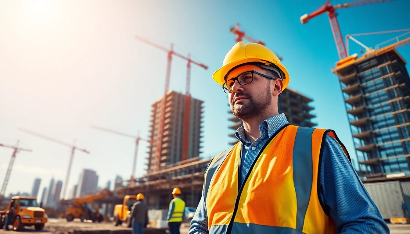 New York Construction Manager collaborating with workers at a construction site.