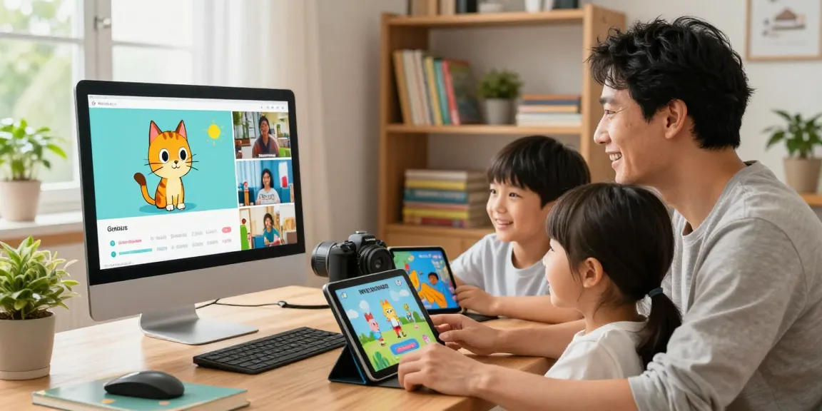 A family engaging in free online courses with Goxius the Cat, highlighting educational entertainment at home.