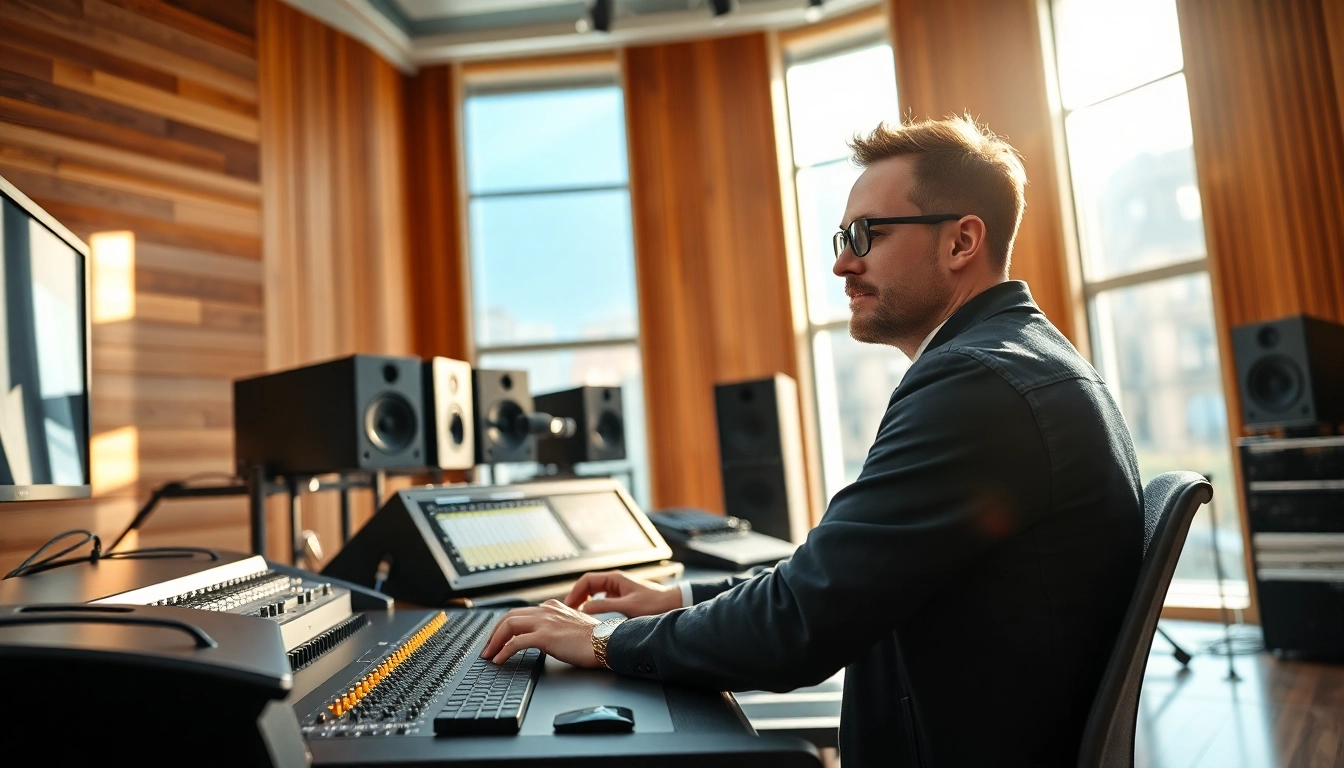 Engaging in online mastering, a sound engineer utilizes advanced tools in a modern audio studio.