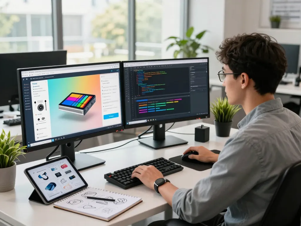 Dynamic tech workspace showcasing 3D product configurator software in action on dual monitors, highlighting innovative design.