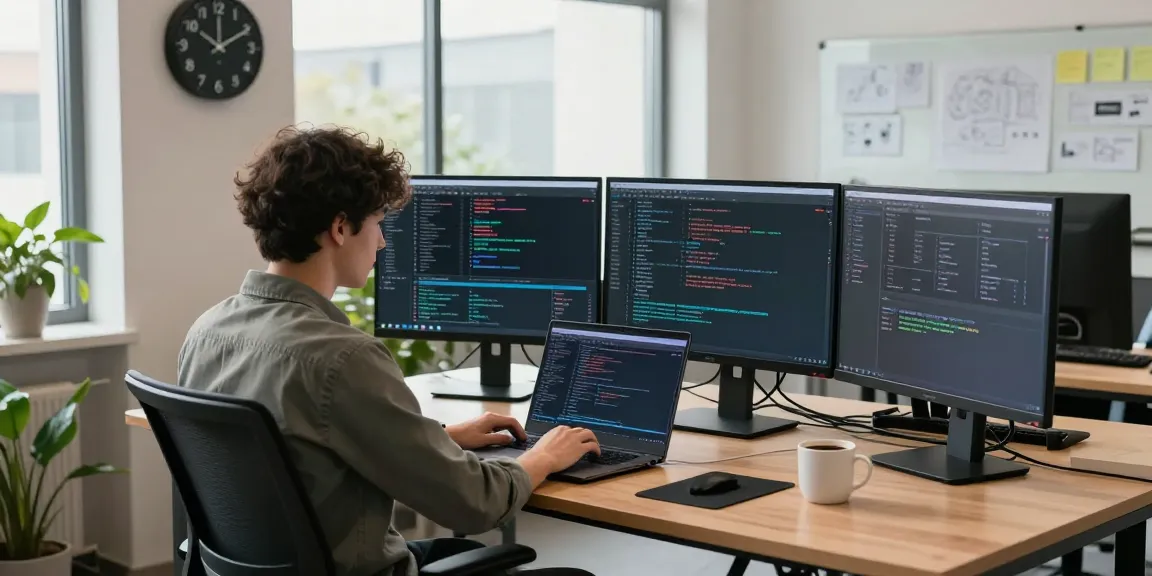 Developer coding in a modern workspace to promote vds kirala solutions with multiple monitors and inspirational atmosphere.
