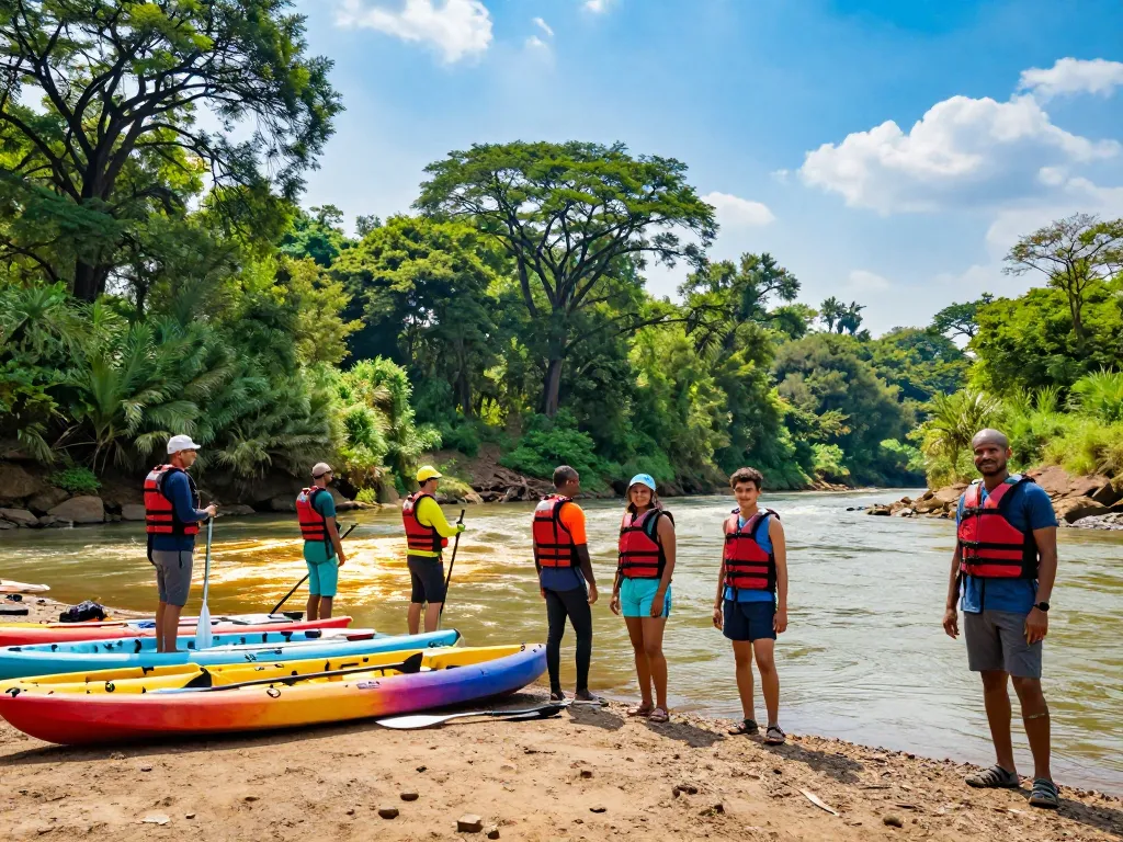 Dandeli adventure travelers ready for river rafting on Kali River in lush surroundings.