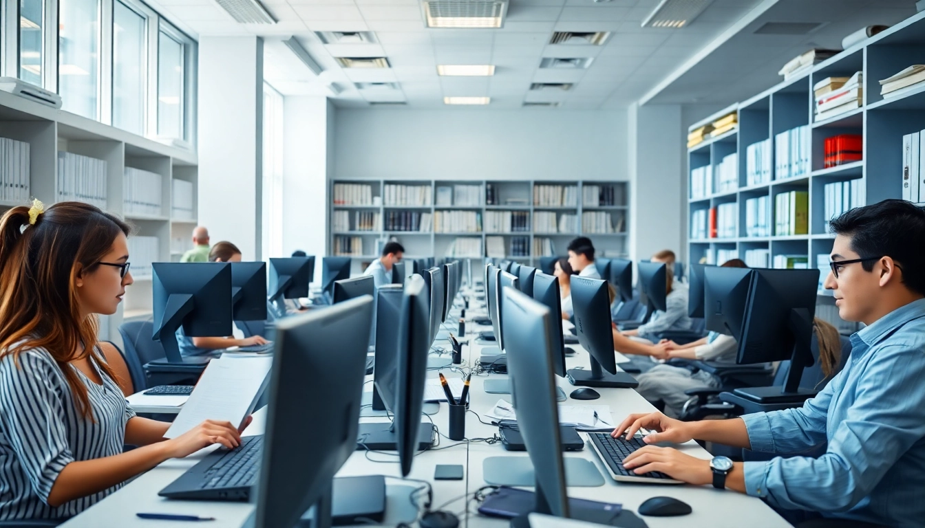 Typing Center professionals efficiently handling documents in a bright office.