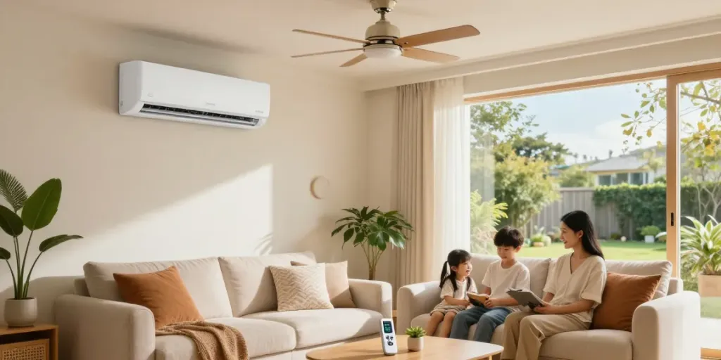 24000 BTU mini split air conditioner cooling a cozy living room with family relaxing, natural light, and stylish decor.