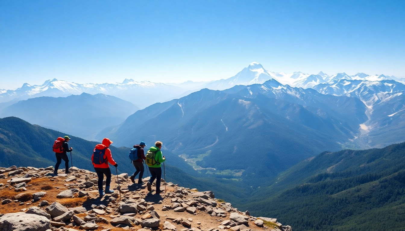Group of trekkers on the sandakphu trek with snow-capped mountains in the background