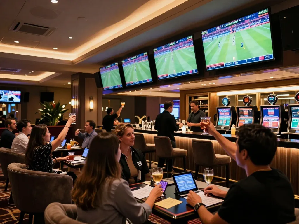 Patrons at hit club sports betting lounge excitedly placing bets with drinks raised in celebration