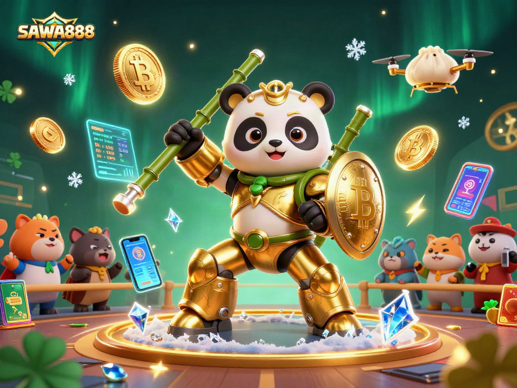 Engage in the thrilling world of SAWA888 with a cartoon panda piloting a fighting robot amidst crypto elements.