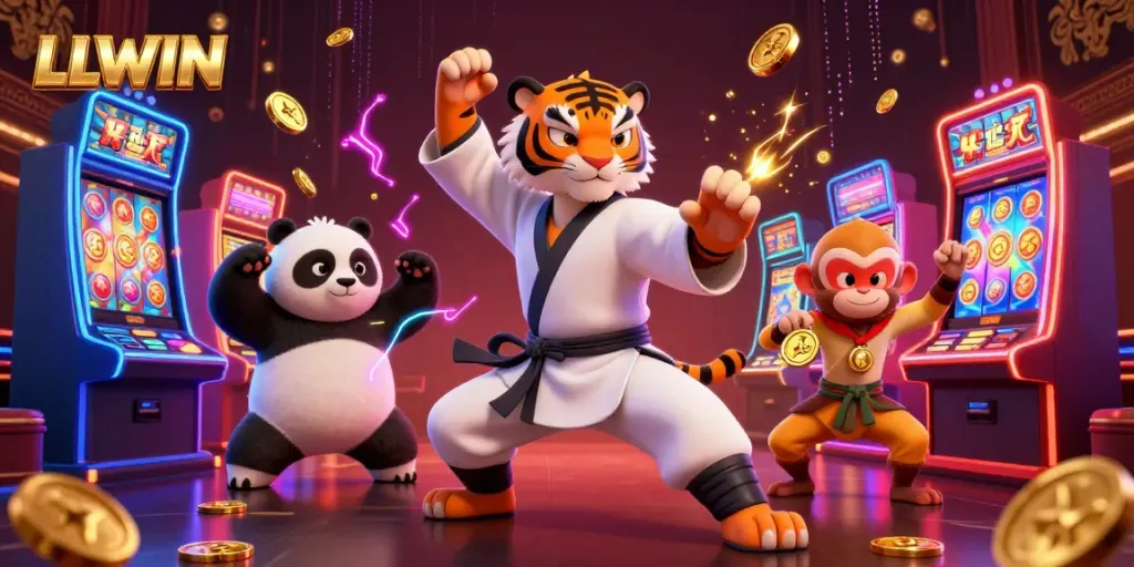 LLWIN promotion featuring energetic characters in a colorful casino scene with dynamic slot machines and playful elements.