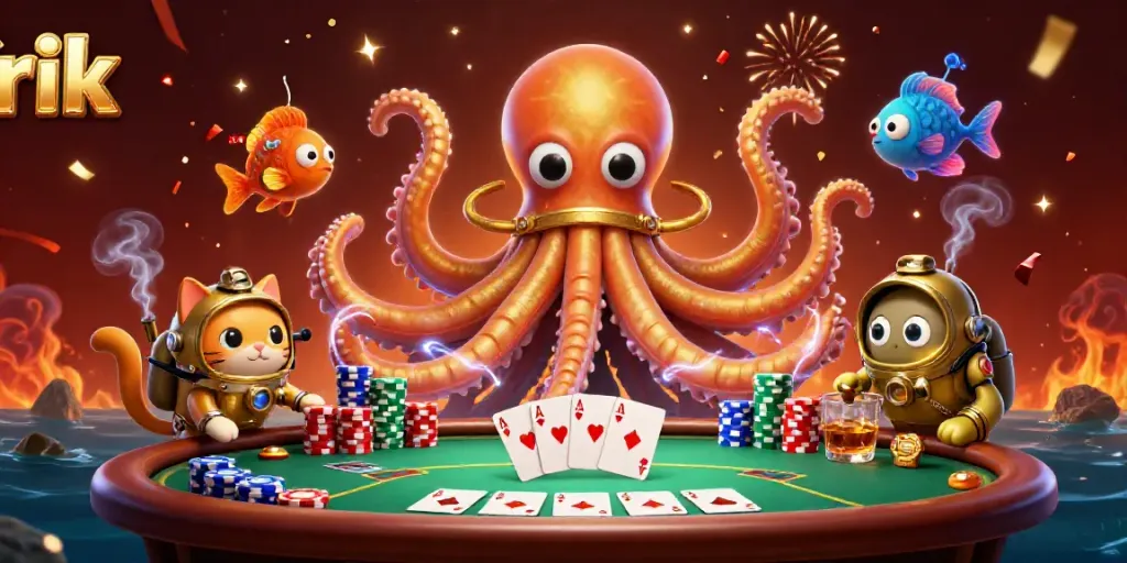 Experience the thrill of rik gaming with a kraken, diving cat, and poker elements in a vibrant scene.