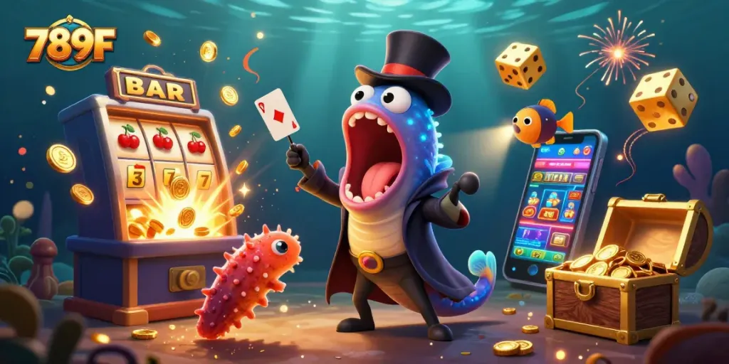 Engage with 789F's thrilling magic act featuring a deep-sea gulper eel and dynamic casino elements.
