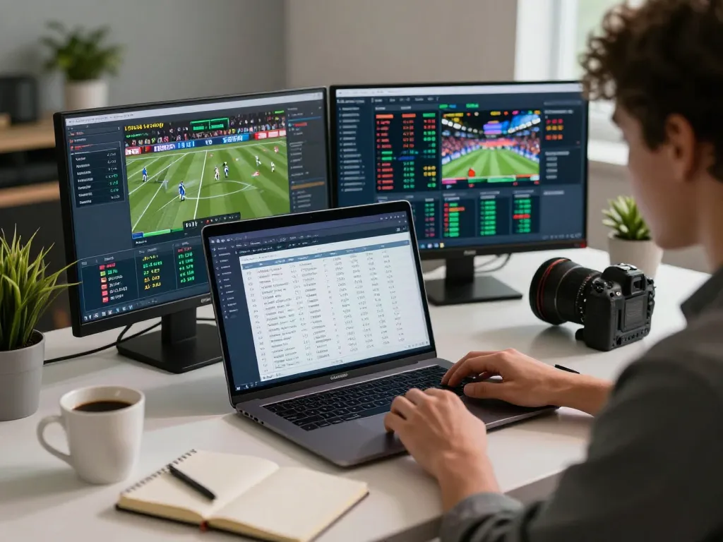 FC88 user engaging in online sports betting with laptop and betting odds displayed