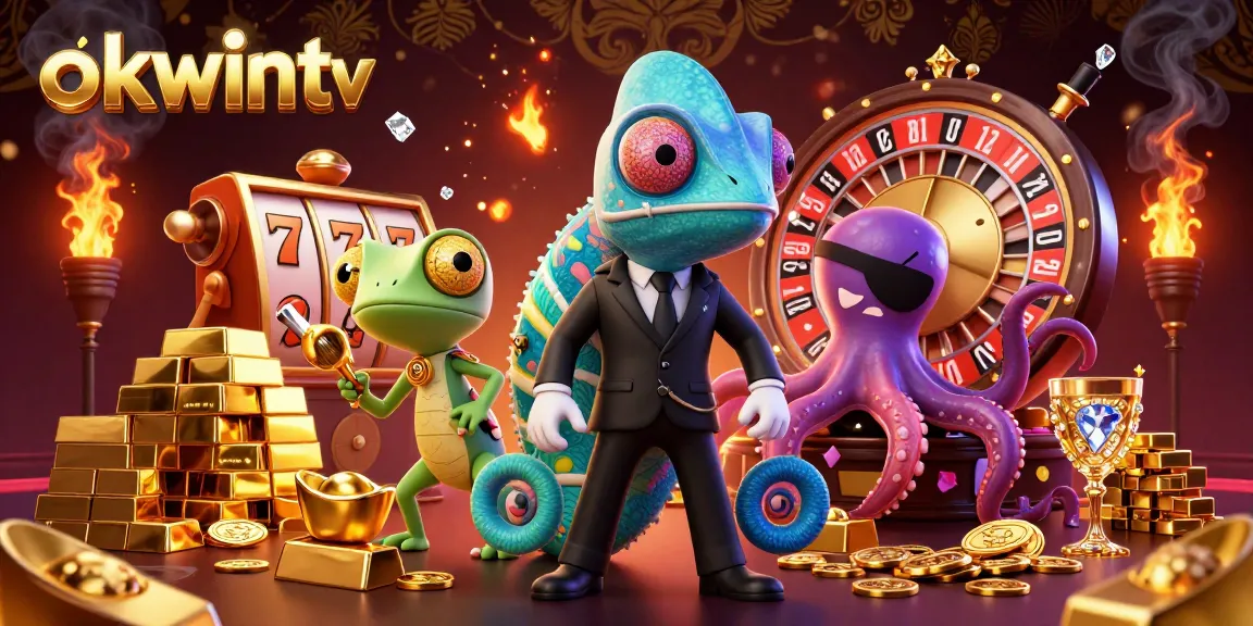 Experience exciting gambling with okwintv featuring a vibrant chameleon and golden casino elements.