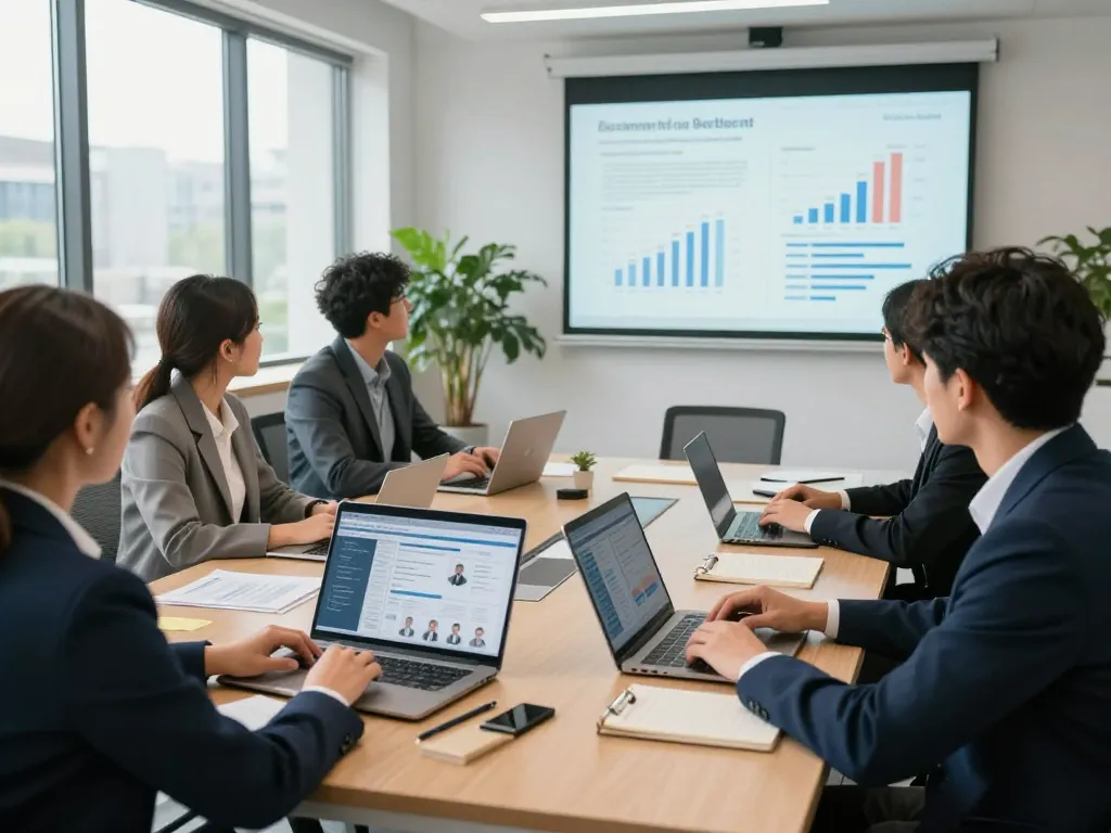 Team collaborating in a bright office, showcasing effective staffing agencies solutions with data and analytics.