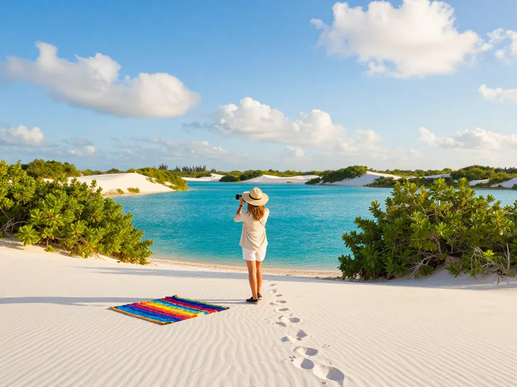 Traveler enjoying the scenic Blue Lake Bintan with bright turquoise waters and soft sand dunes