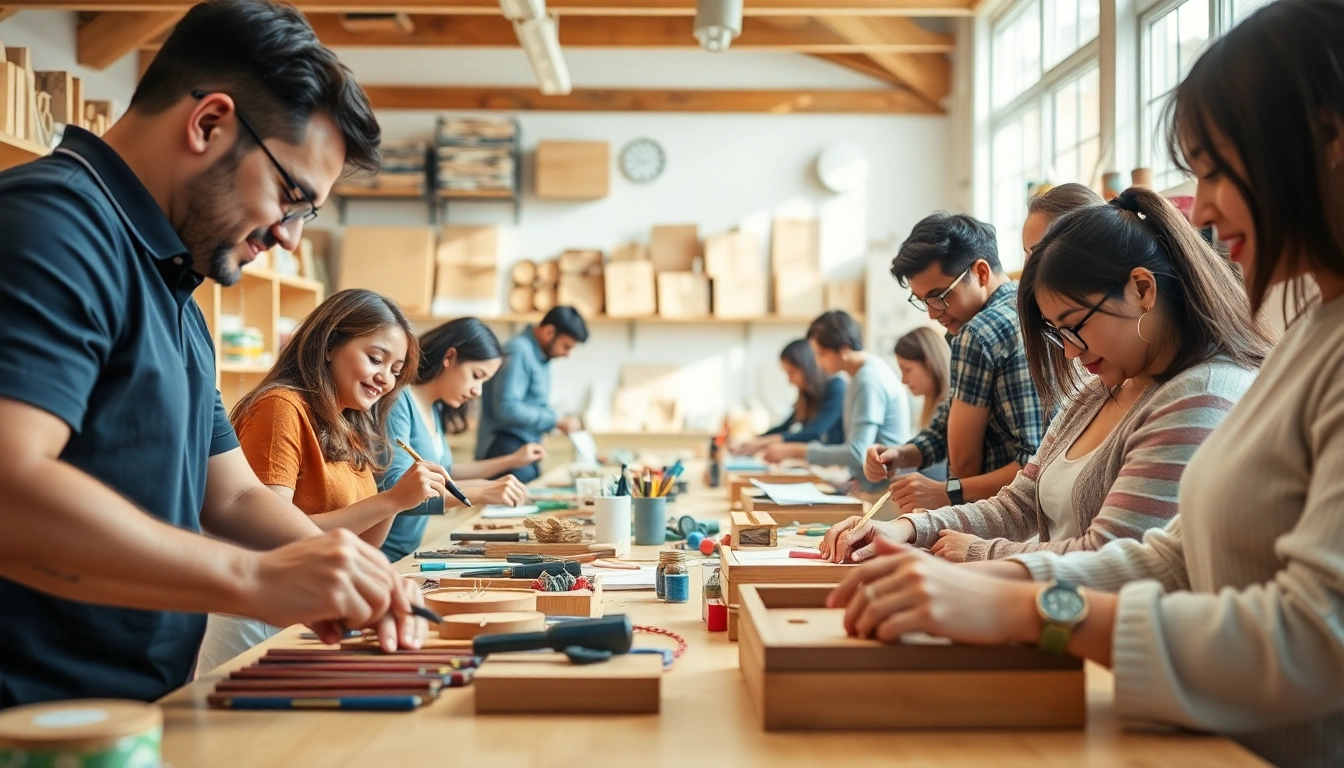 Engaged learners in craft training programs showcasing vibrant materials and collaborative energy.