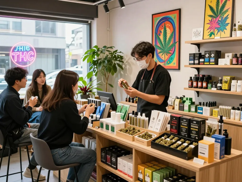 Experience the inviting ambiance of a THC store near me, featuring budtenders assisting diverse customers in Seoul's vibrant cannabis retail scene.