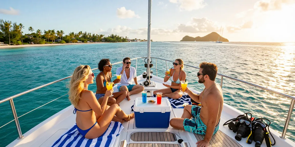 Incredible yacht rental Punta Cana experience with friends on a luxury catamaran enjoying vibrant tropical waters during sunset