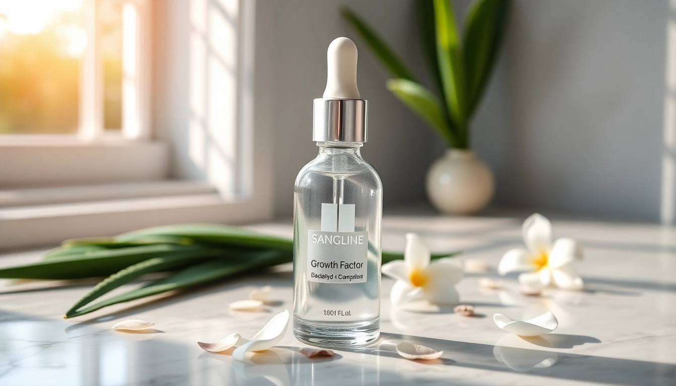 Showcase of a growth factor serum bottle surrounded by natural ingredients highlighting skincare benefits.